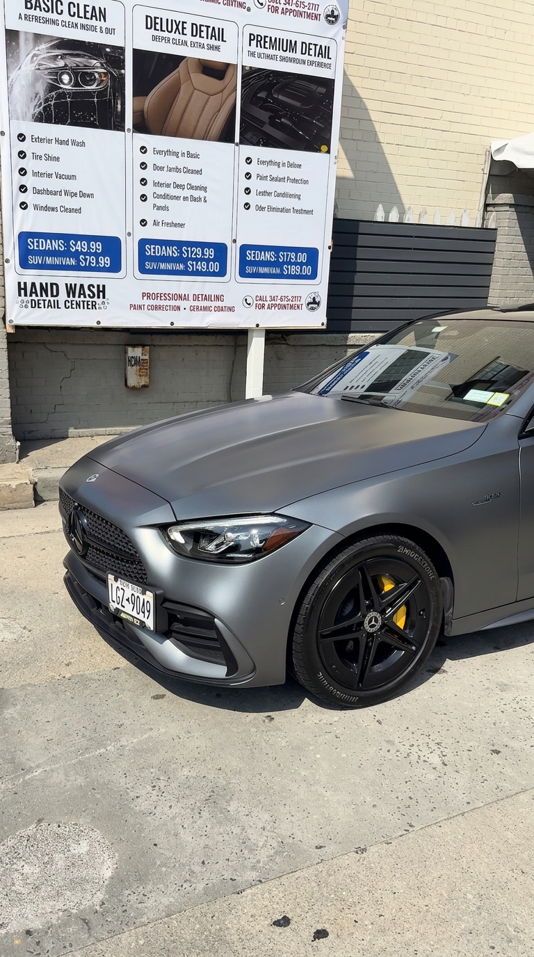 Freshly detailed matte grey Mercedes-AMG sedan at Rego Detailing in Queens, NY