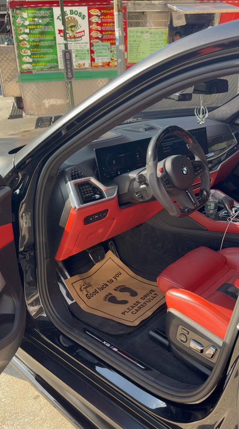 BMW X6 M interior with red leather after a deep interior detail