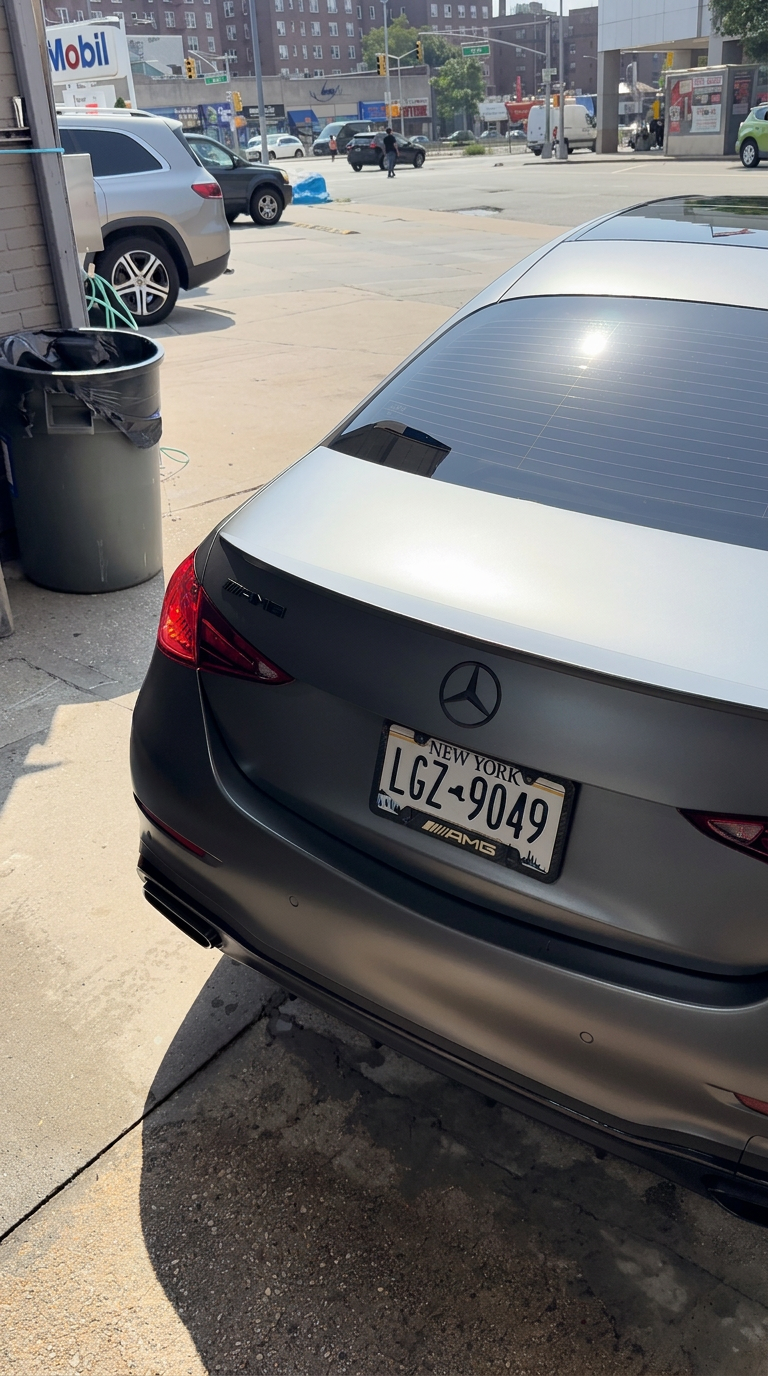Rear of a matte grey Mercedes-AMG after paint protection