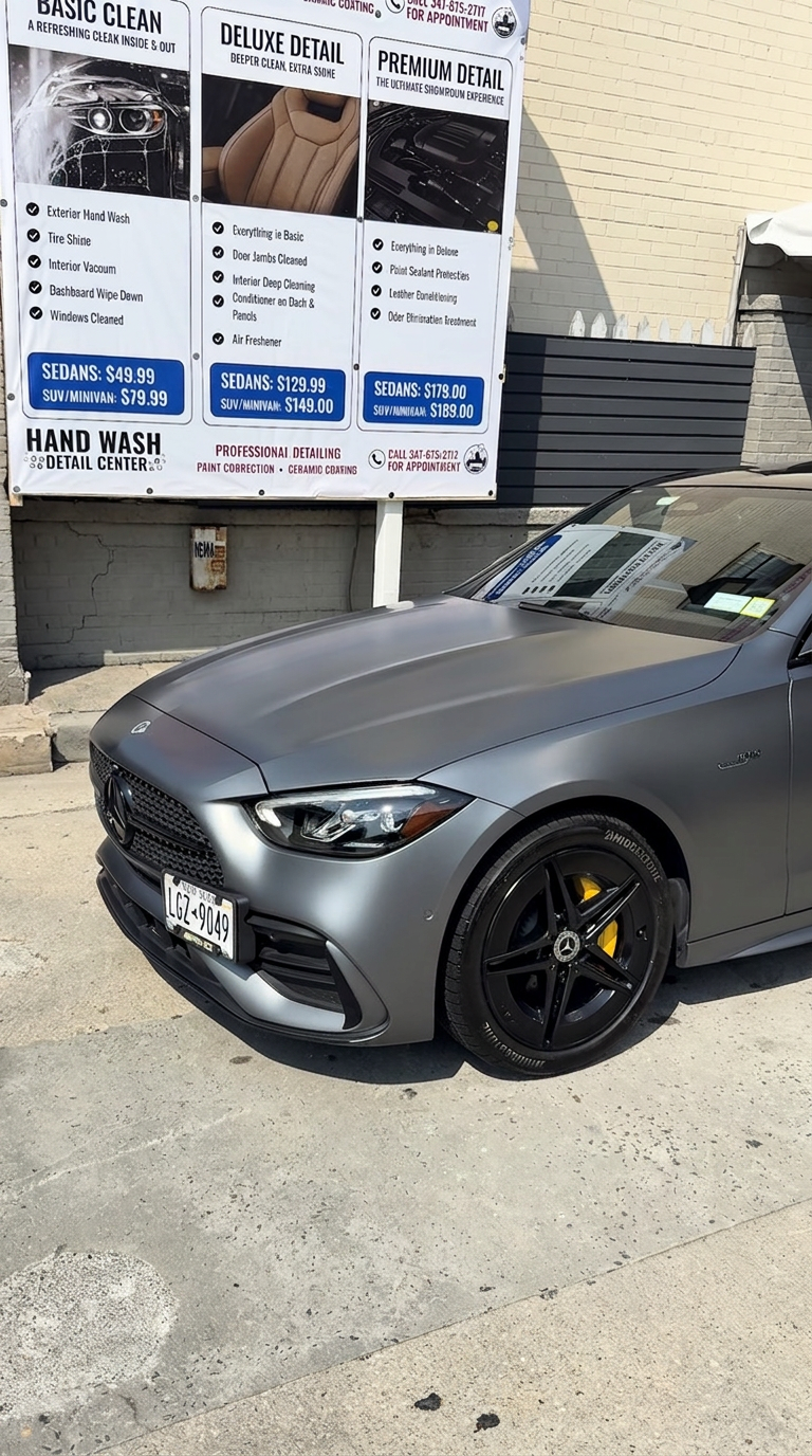 Matte grey Mercedes-AMG outside the Rego Detailing shop in Queens